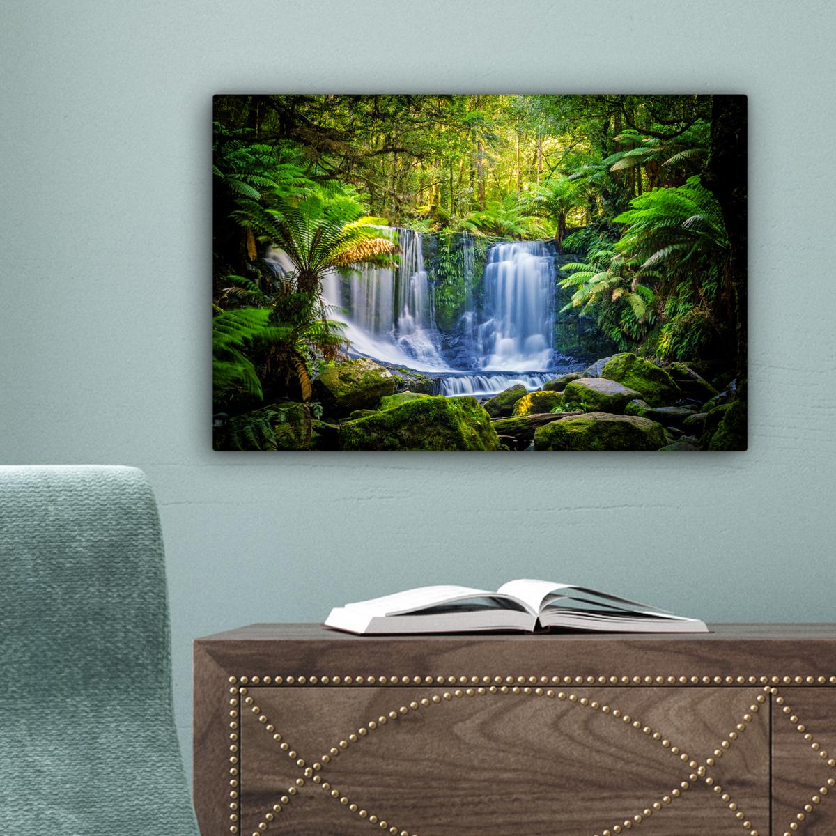 LEINWANDBILD Dschungel - Wasserfall - Australien - Pflanzen - Natur Deko Schlafzimmer 30x20 cm - Dunkelgrün, Textil (30/20cm) - MuchoWow