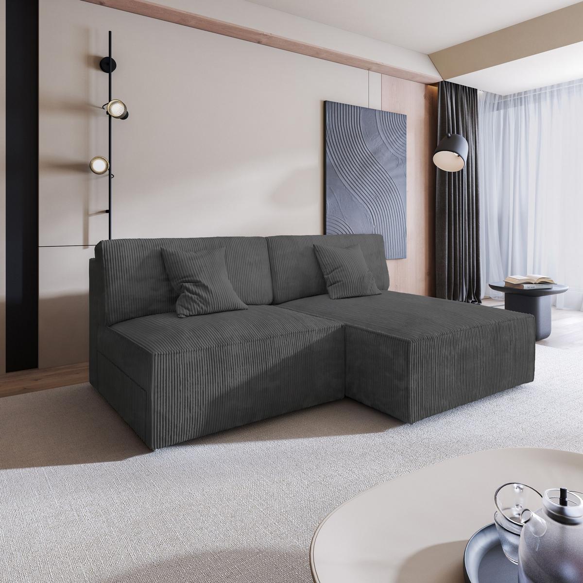 ECKSOFA FIORO P Graphitfarben Kordstoff mit Schlaffunktion - Graphitfarben/Grau, Holz/Kunststoff (204/148cm) - MASSENO