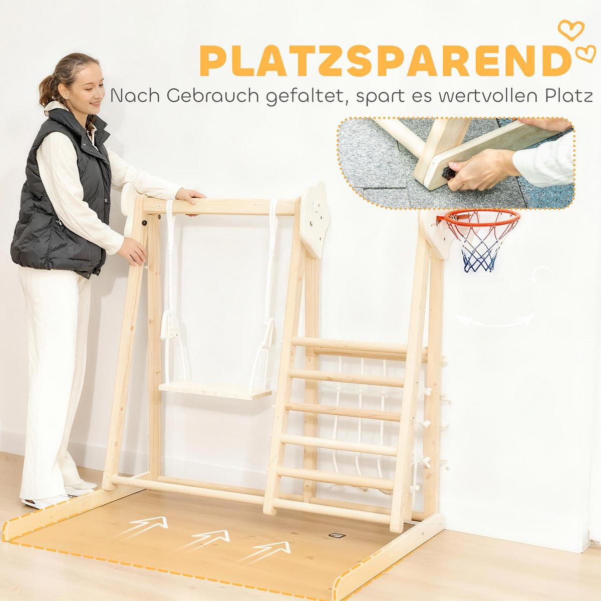 KLETTERGERÜST-MONTESSORI mit Rutsche Schaukel und Basketballkorb - Naturfarben, Holz (133/43/140cm) - AIYAPLAY