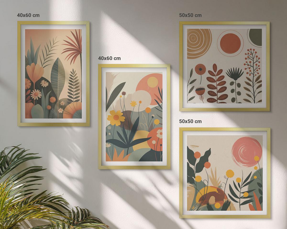 BILDER SET 4er Set - 50x50 cm & 40x60 cm Goldrahmen - Boho-Pflanzenmuster - Goldfarben, Kunststoff (50/50cm) - TULUP