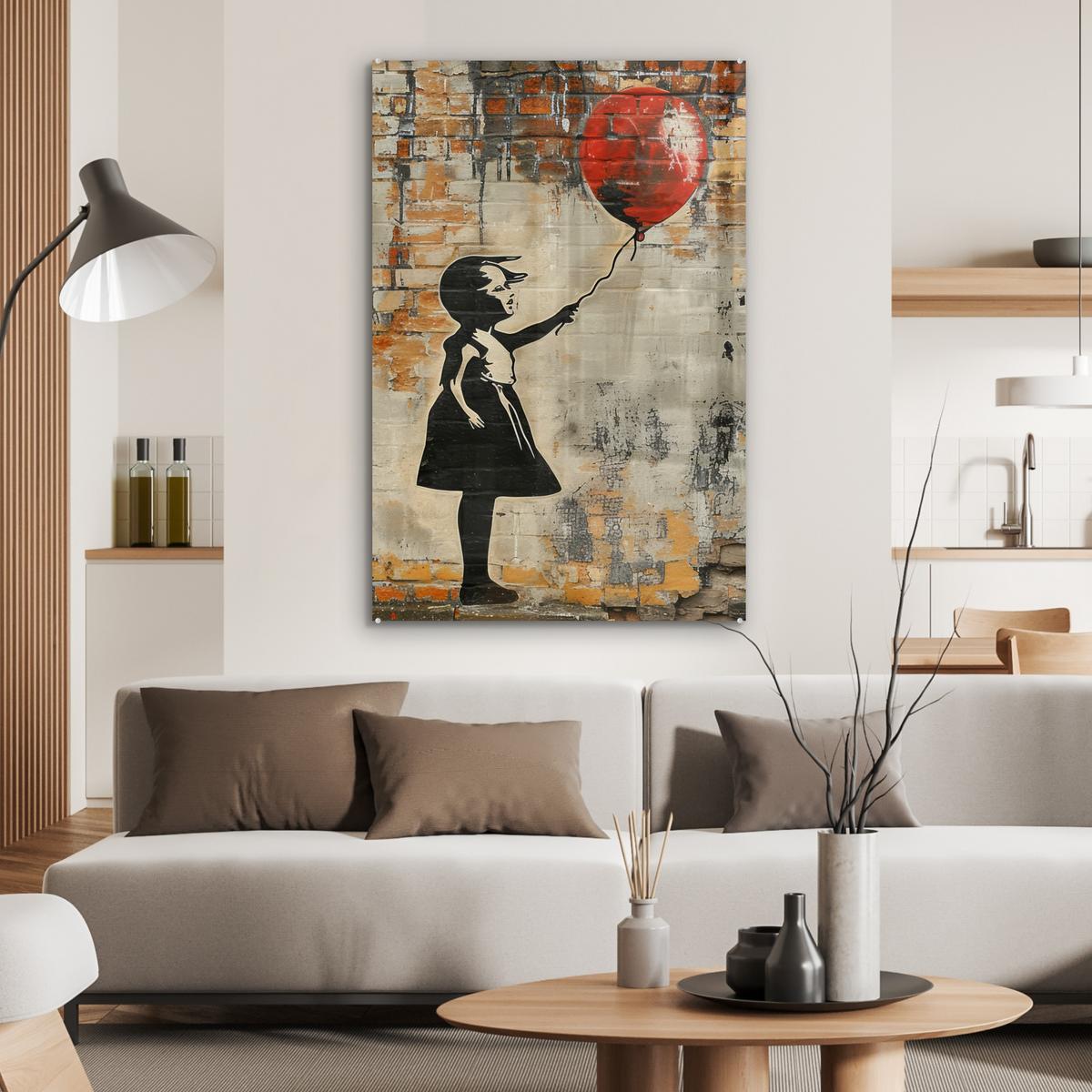 ACRYLGLASBILD Graffiti - Banksy - Mädchen - Straßenkunst 80x120 cm - Sandfarben, Glas (80/120cm) - MuchoWow