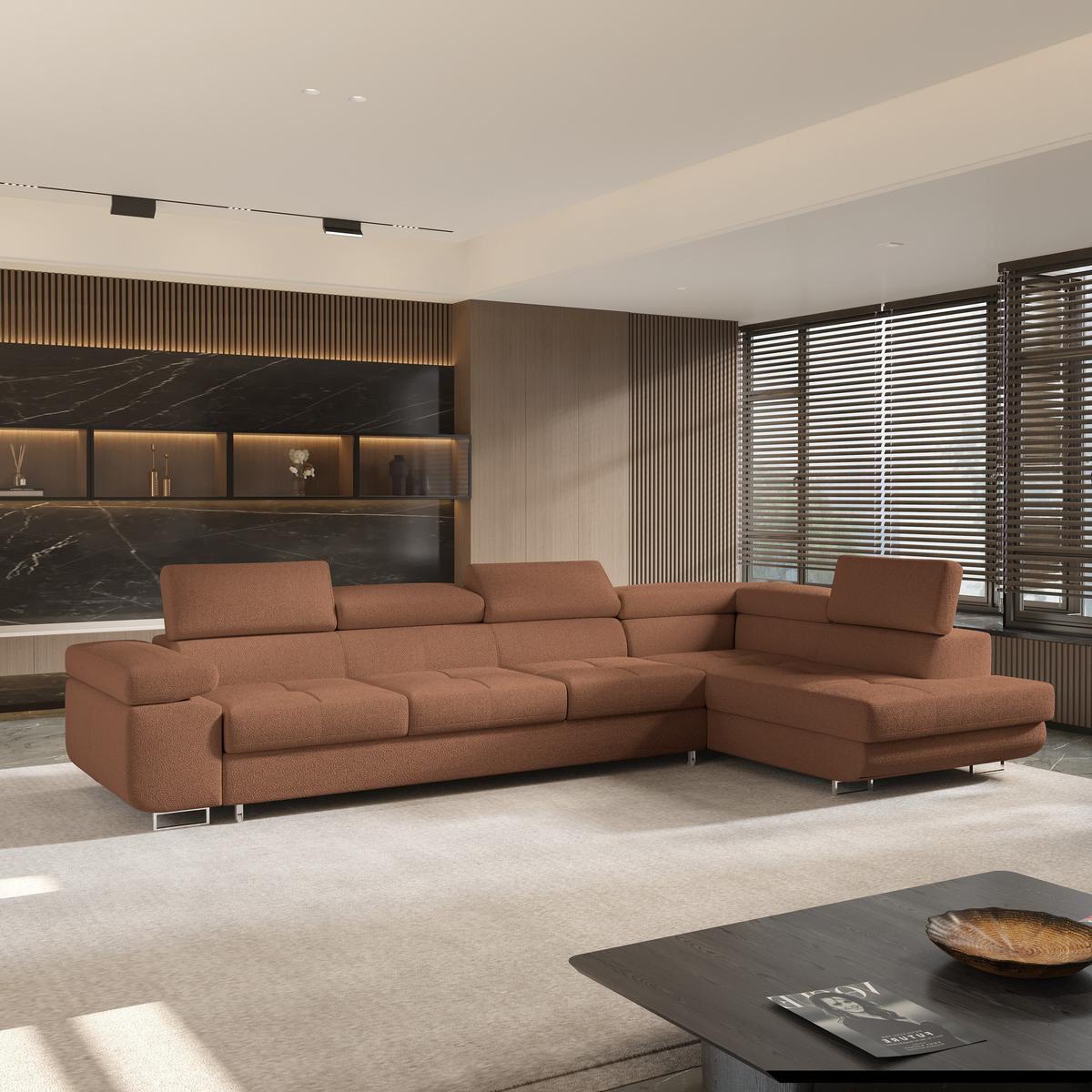 ECKSOFA VICENTE Kupferfarben Boucle-Stoff mit Schlaffunktion - Kupferfarben, Holz (346/202cm) - MASSENO