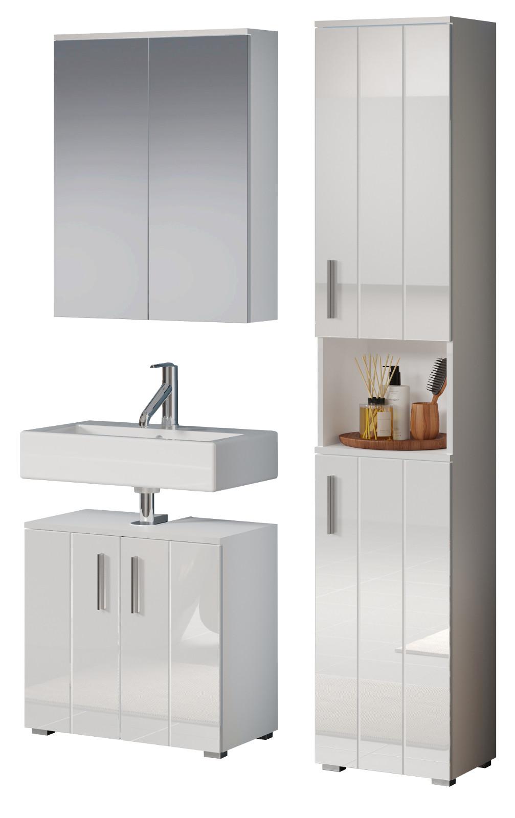 BADMÖBEL-SET weiß Hochglanz 112 x 192 cm, Badezimmer Schränke mit viel Stauraum - Weiß Hochglanz/Silberfarben, Holzwerkstoff/Kunststoff (112/192/32cm) - Top.Furn