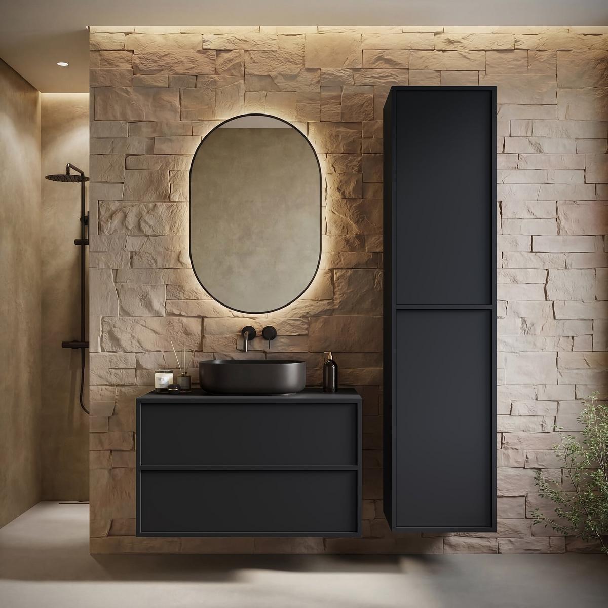 BADMÖBEL-SET Mali 80 cm Schwarz Matt - mit Hochschrank - 80 x 46 x 54 cm - Schwarz, Holz (60/54/46cm) - Badplaats