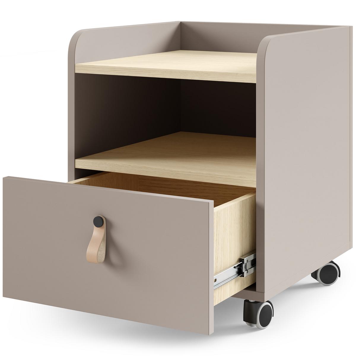 NACHTTISCH Sorella auf Rollen, mit Schublade, für Jugendzimmer, Porcini + Eiche Mavelie - Eichefarben/Cappuccino, Leder/Holzwerkstoff (40/49/42cm) - Beautysofa