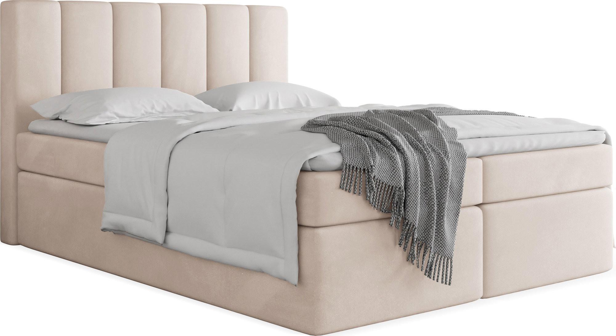 BOXBETT Amira mit Bettkasten, Samt Beige 180/200 cm – 7-Zonen Taschenfederkern-Matratze & Komfortschaum-Topper - Ecru/Beige, Holz/Holzwerkstoff (180/200cm) - WFL GROUP