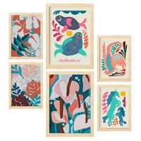 POSTER Set Mit 6 Lebende Harmonie In Tiere Zusammenfassungen A3 & A4 Rahmen Aus Hellem Holz - Beige, Papier (29/3cm) - Nacnic