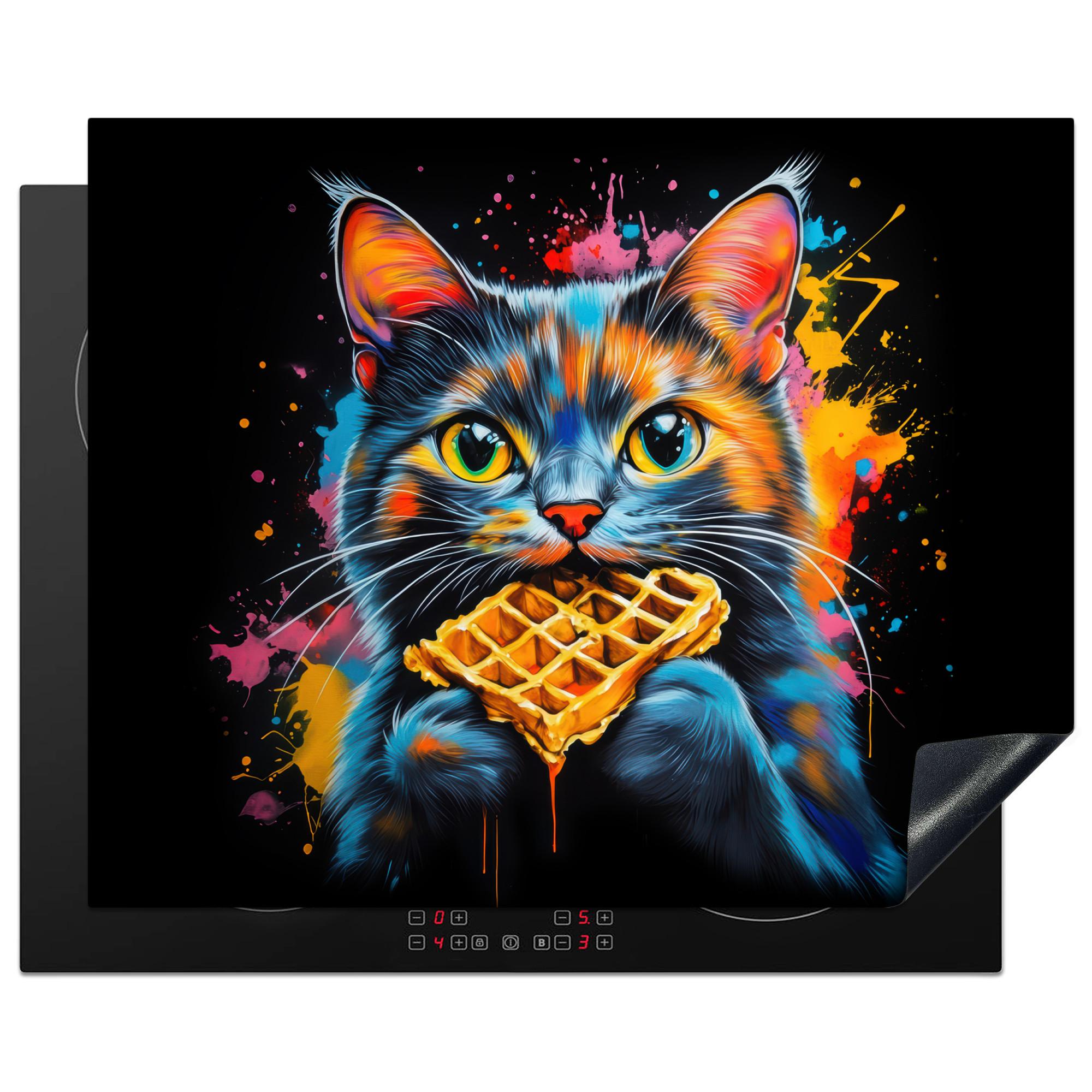 HERDABDECKPLATTE Katze - Graffiti - Bunt - Waffel - Essen Herdabdeckung Induktionsfeld 65x52 cm - Multicolor, Kunststoff (65/52/0.2cm) - MuchoWow