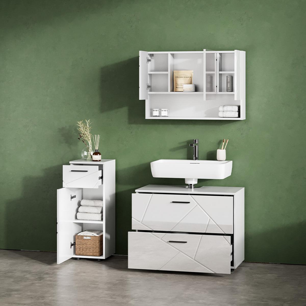 BADMÖBEL-SET Ronco Weiß Hochglanz 3 Teile, mit Schubladenschrank und Midischrank - Weiß Hochglanz, Holzwerkstoff (41/80/58cm) - Livinity®