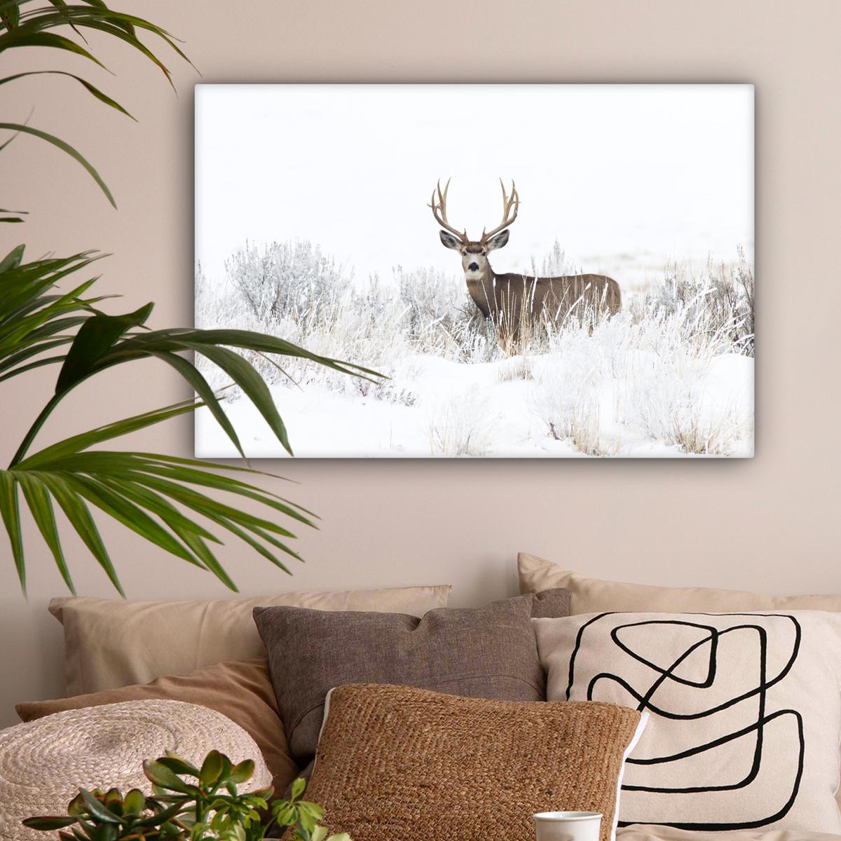 LEINWANDBILD Hirsche - Winter - Schnee - Tiere - Jahreszeiten - Weiß Wanddeko 90x60 cm - Hellbraun, Textil (90/60cm) - MuchoWow