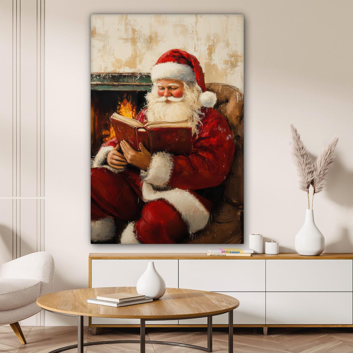 LEINWANDBILD Weihnachten - Weihnachtsmann - Winter - Open Fireside Deko XXL 80x120 cm - Dunkelrot, Textil (80/120cm) - MuchoWow