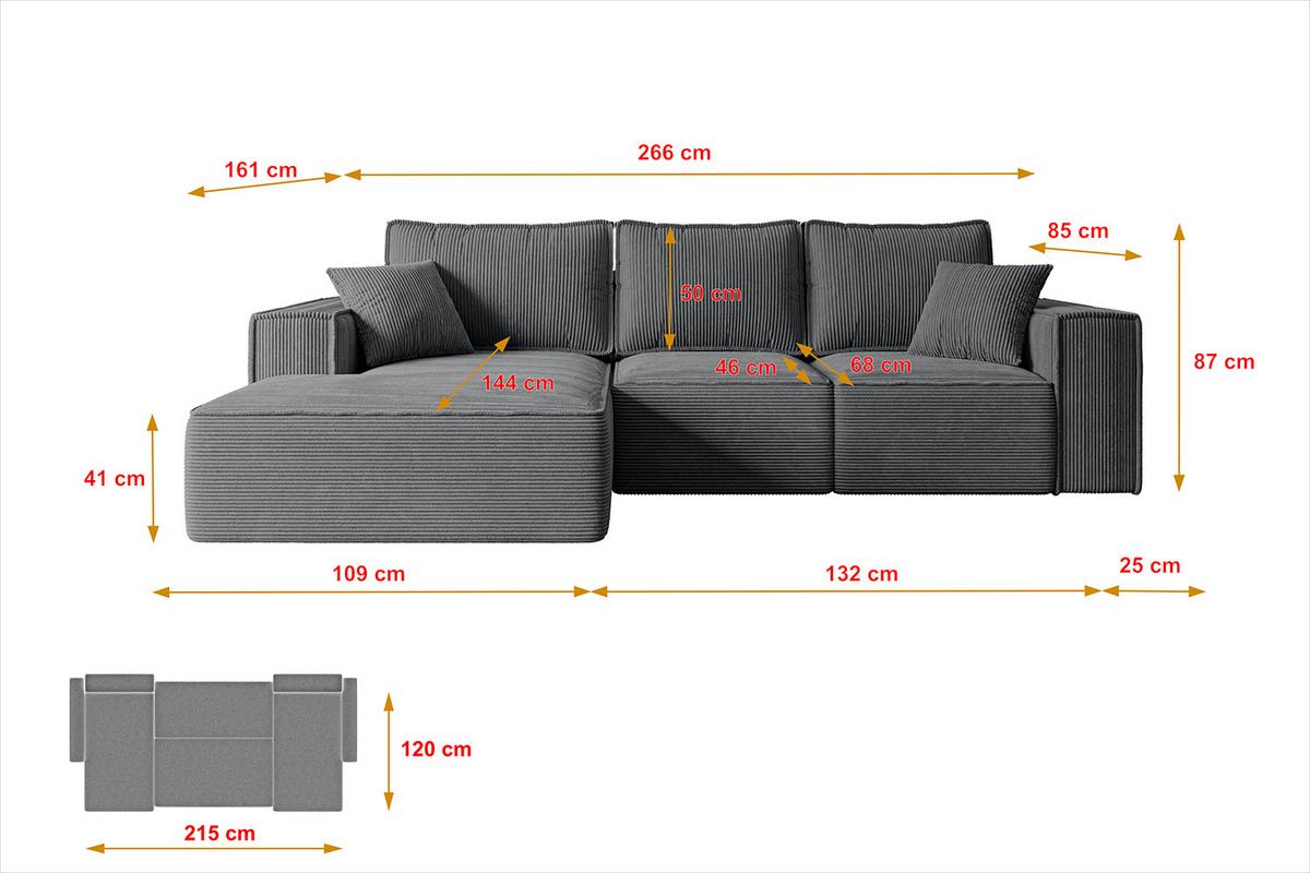 ECKSOFA mit Schlaffunktion und Bettkasten SERRA-L-S - 266x161x87 cm Duneklgrau Cord - Dunkelgrau/Schwarz, Holzwerkstoff/Kunststoff (266/161cm) - ALTDECOR