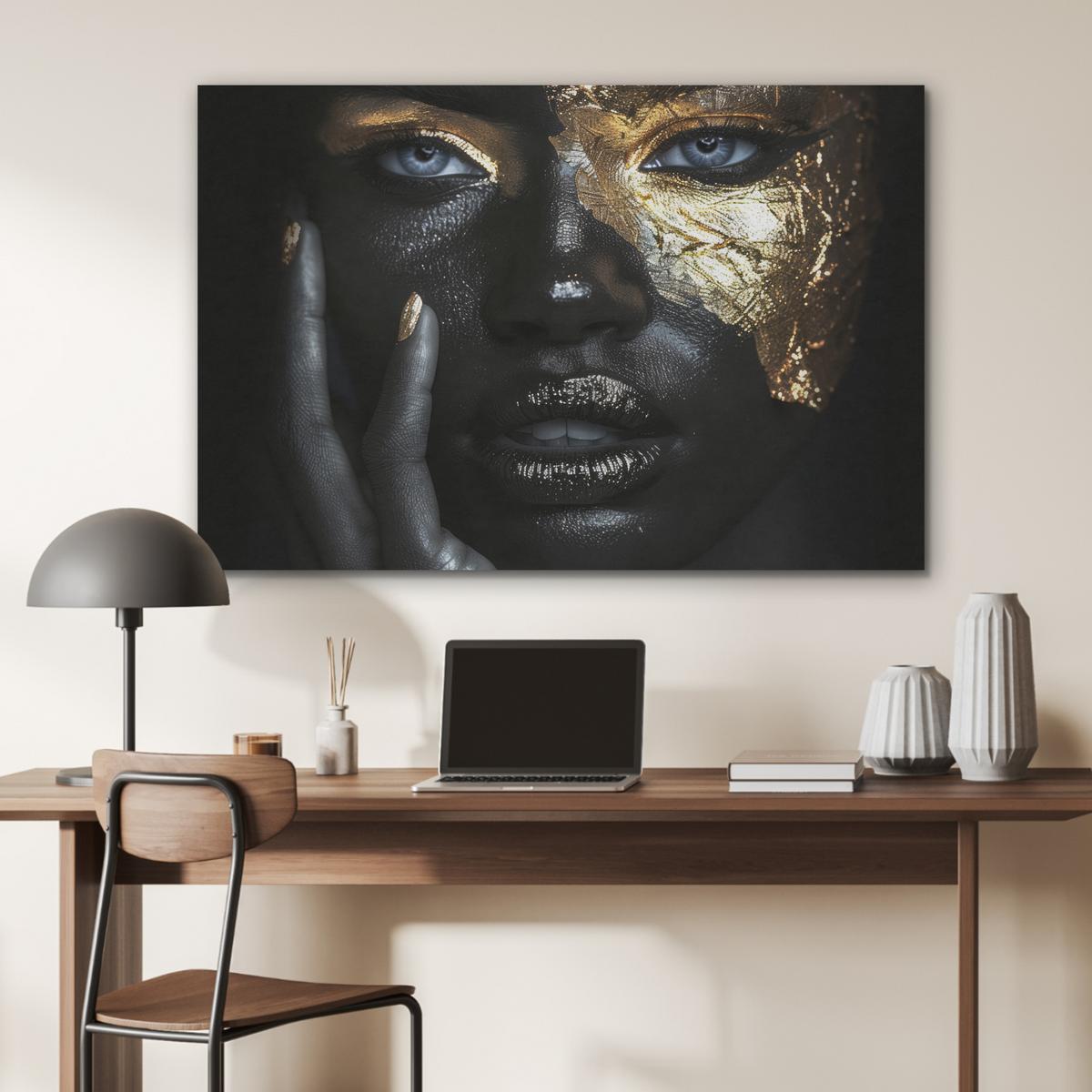 AKUSTIKBILD Frau - Gold - Porträt - Schwarz-Weiß - Luxus Wandbild Wohnzimmer 100x70 cm - Hellblau, Kunststoff (100/70/0.9cm) - MuchoWow