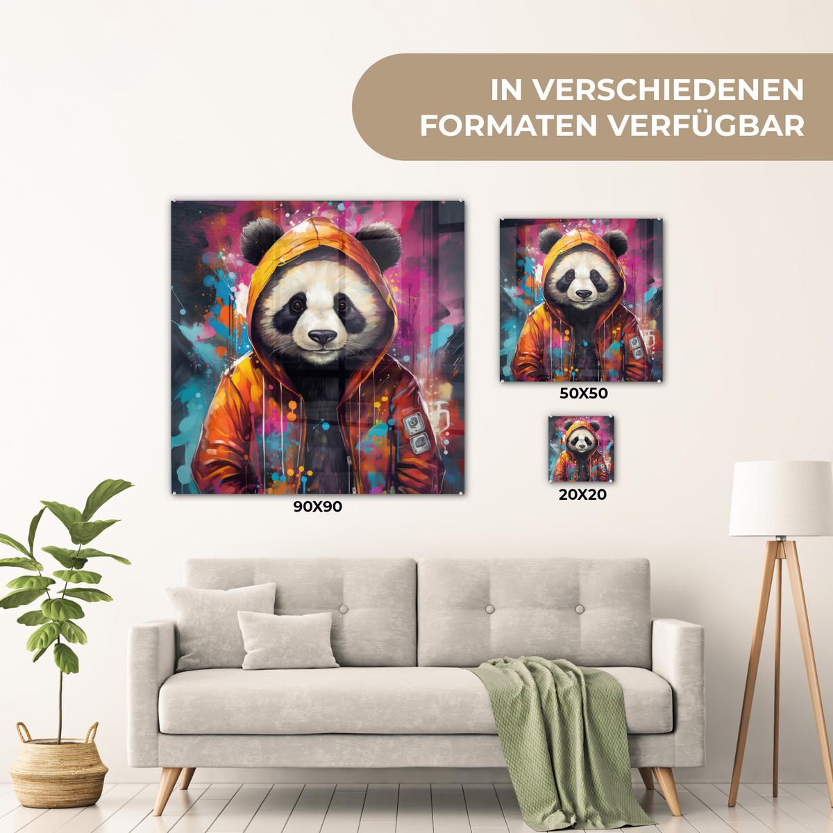 ACRYLGLASBILD Panda - Jacke - Graffiti - Orange 50x50 cm - Orange, Glas (50/50cm) - MuchoWow