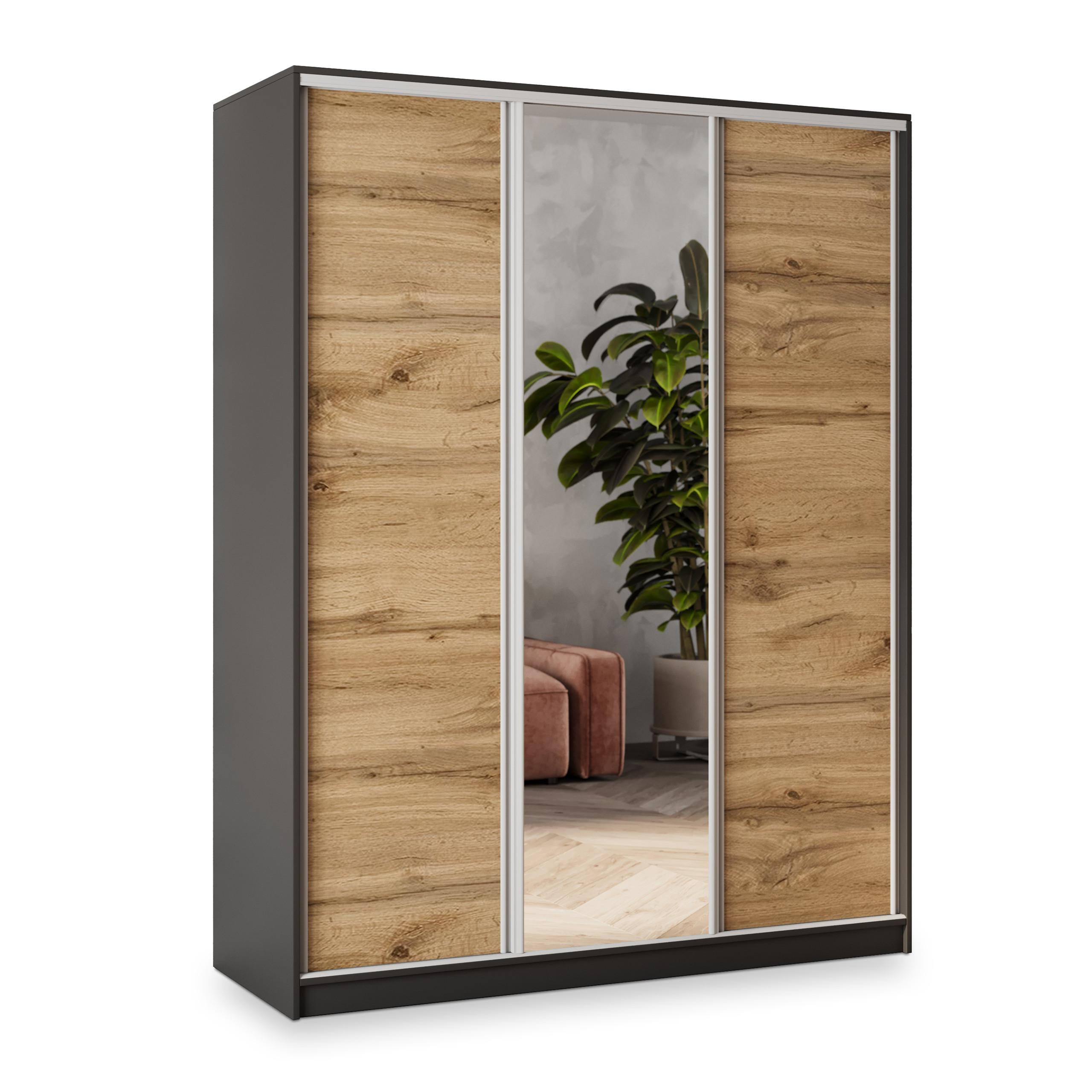 SCHWEBETÜRENSCHRANK SORE 160/205/58 cm 3-türig mit Spiegel und 4 Schubladen Schwarz - Eiche Wotan/Schwarz, Holzwerkstoff (160/205/58cm) - MASSENO