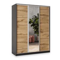 SCHWEBETÜRENSCHRANK SORE 160/205/58 cm 3-türig mit Spiegel und 4 Schubladen Schwarz - Eiche Wotan/Schwarz, Holzwerkstoff (160/205/58cm) - MASSENO
