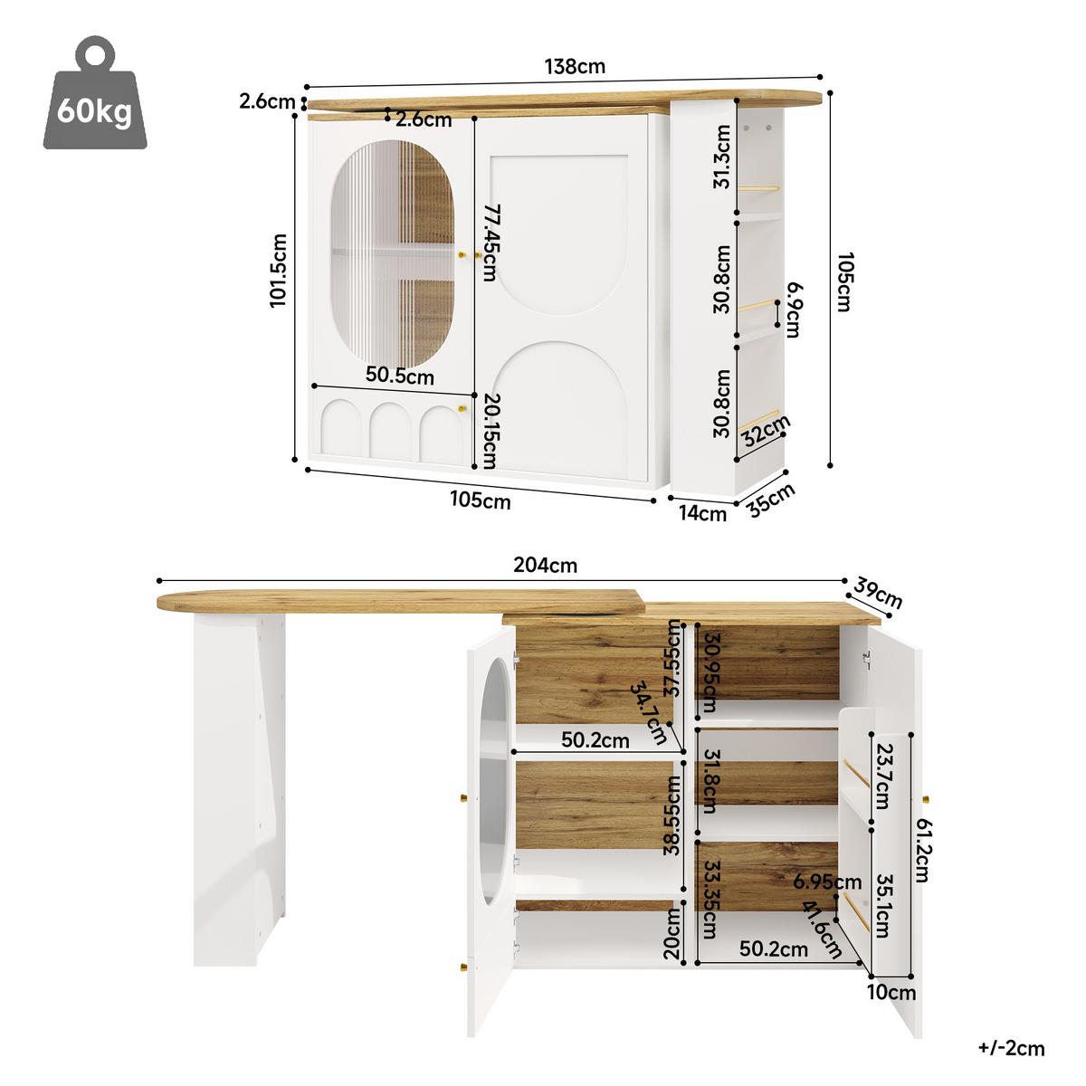 BARTISCH mit Stauraum Weiß Holzoptik 204 cm drehbar - Weiß, Glas/Holzwerkstoff (73/138/93cm) - Urban Meuble