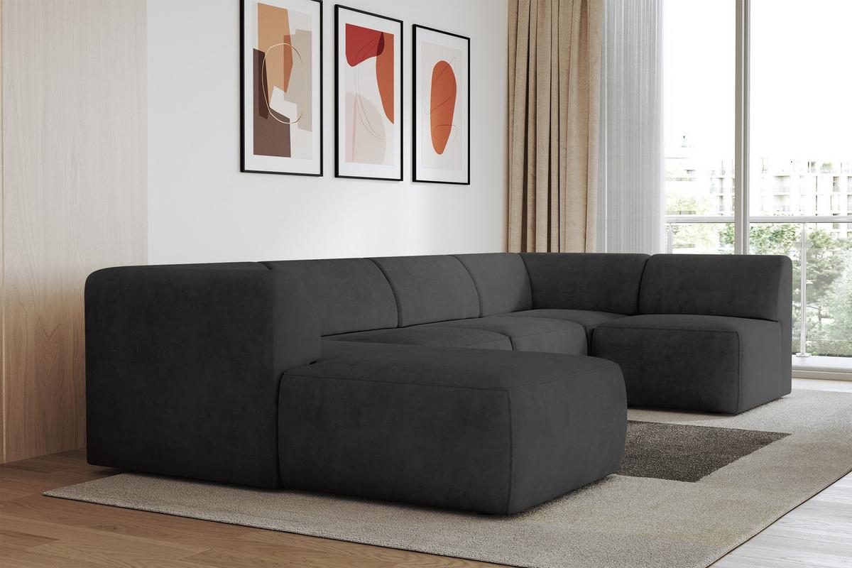 WOHNLANDSCHAFT Ottomane Links MOVO-L 345x180x78 cm Schwarz Velours - Schwarz, Holzwerkstoff/Kunststoff (345/78/180cm) - ALTDECOR