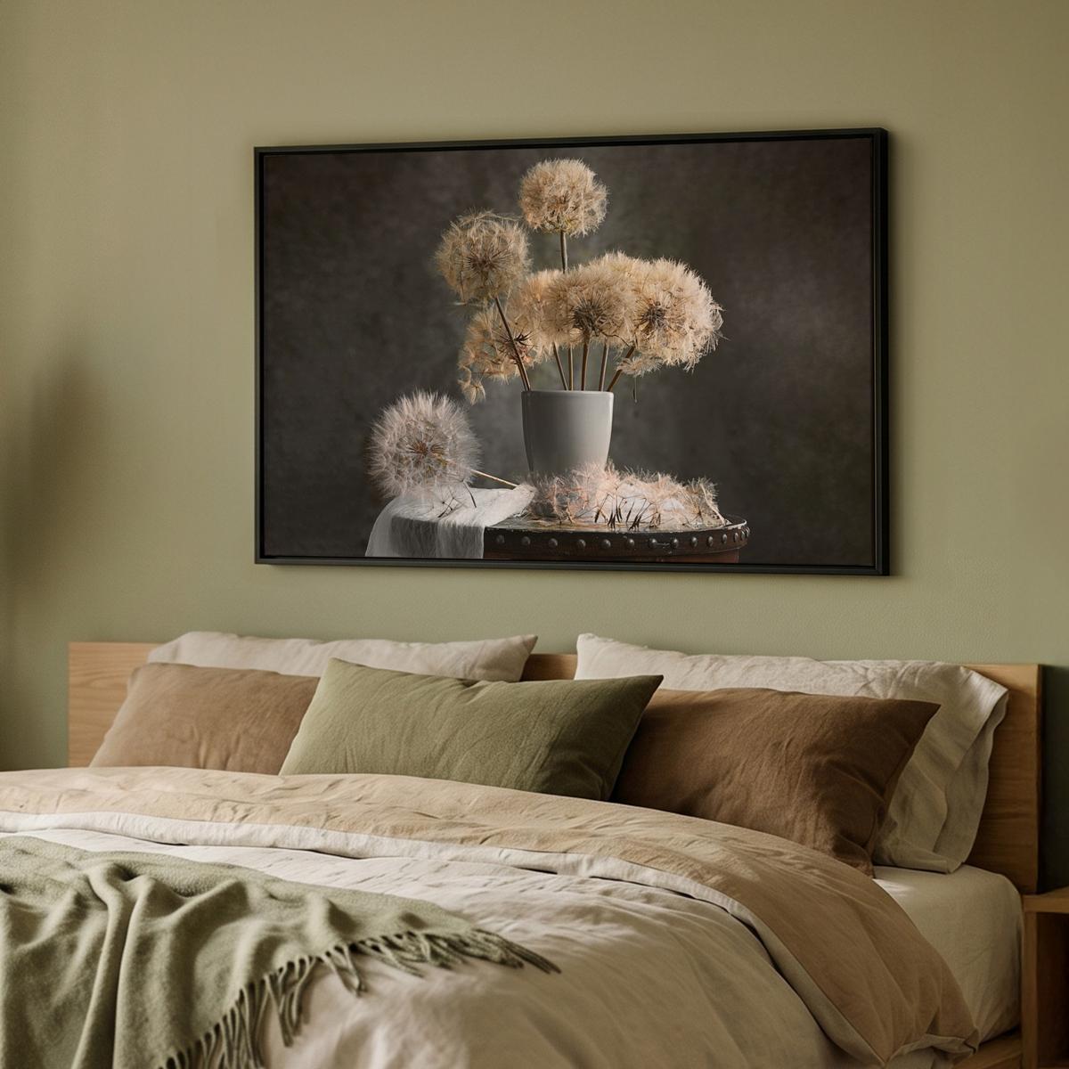 LEINWAND Bilder mit Rahmen - Blumensamen - Löwenzahn - Vase - Stilleben - Blumenstrauß - 90x60 - Dunkelgrau, Textil (90/60cm) - MuchoWow