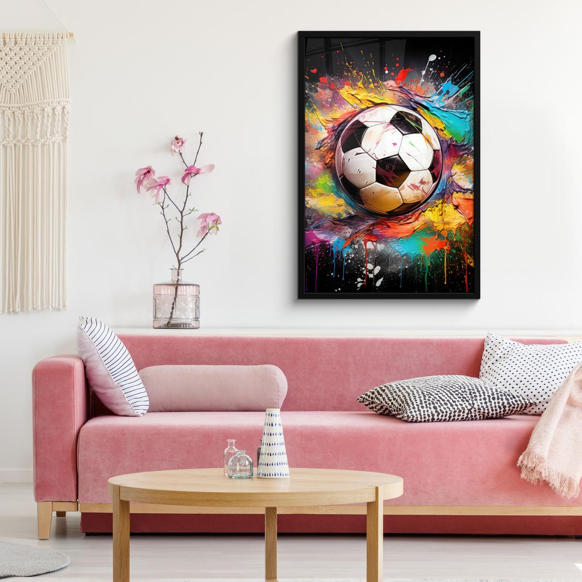 POSTER MIT RAHMENGERAHMTES BILD Fußball - Farbe - Farben - Schwarz - Weiß 60x90 cm - Weiß, Papier (60/90cm) - MuchoWow