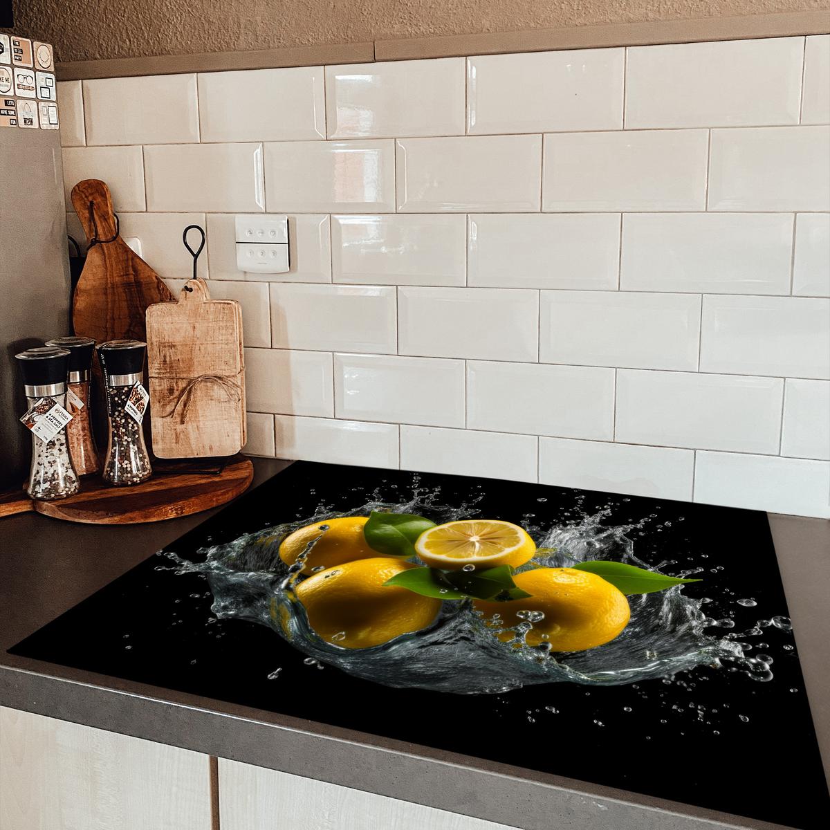 HERDABDECKPLATTE Zitrone - Obst - Gelb - Schwarz Induktionsmatte 77x59 cm - Gelb, Kunststoff (77/59/0.2cm) - MuchoWow