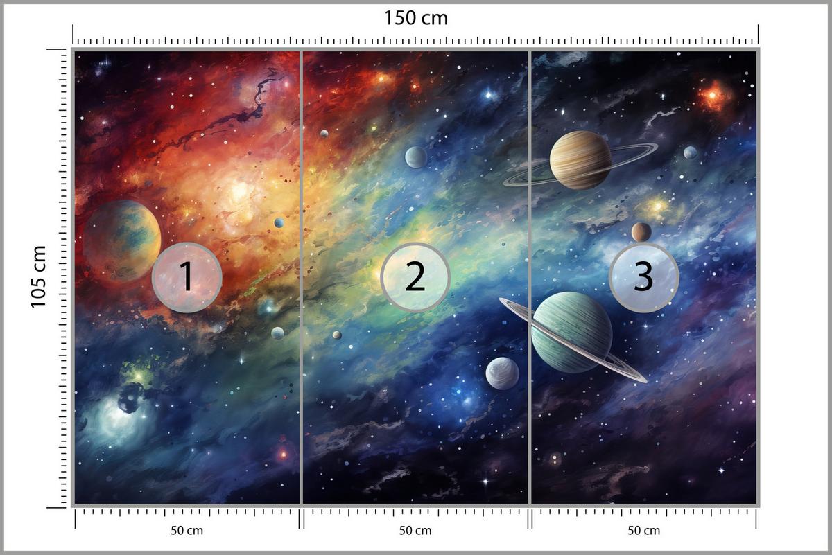 FOTOTAPETE für Jugendzimmer Aquarell Galaxie Planeten Sterne 150x105 - Blau/Gelb, Papier (150/105cm) - Muralo