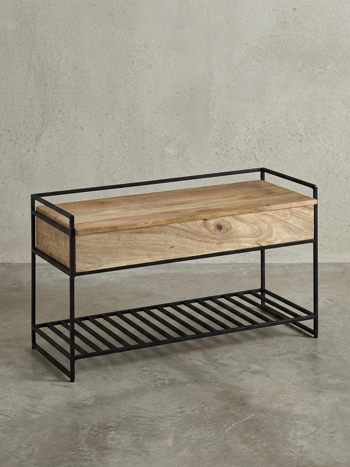 FLURBANK Holz Metall Sitzfläche hochklappbar, Beige 90x38x52 cm - Beige/Schwarz, Holz/Metall (90/52/38cm) - KADIMA DESIGN