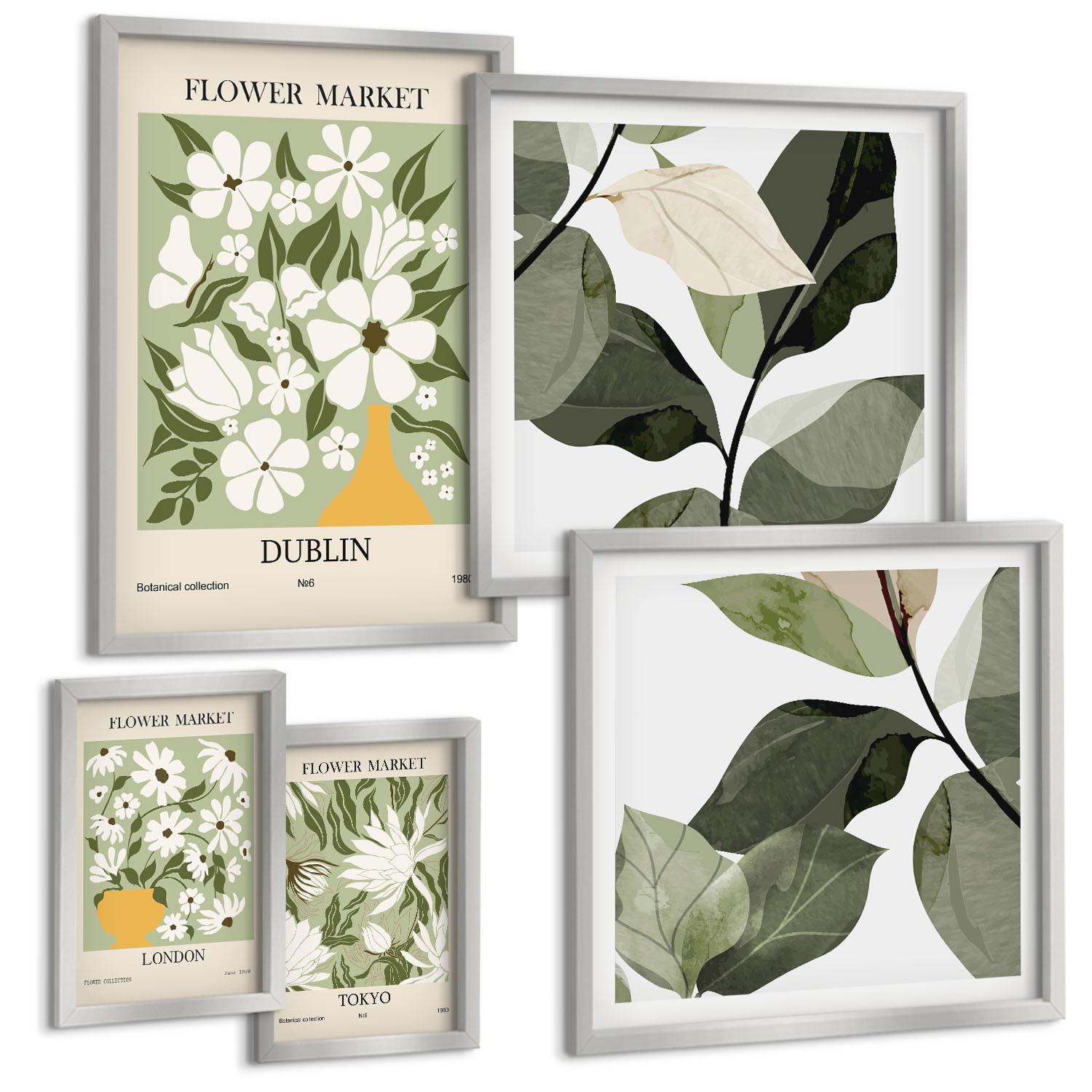 BILDER SET 5er Set - 50x50 cm & 20x30 cm & 40x60 cm Silberner Rahmen - Blumenmuster London Dublin - Silberfarben, Kunststoff (40/60cm) - TULUP
