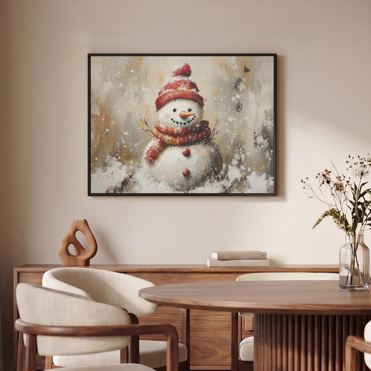 LEINWAND Bilder mit Rahmen - Schneemann - Winter - Schnee - Beige - 70x50 - Weiß, Textil (70/50cm) - MuchoWow