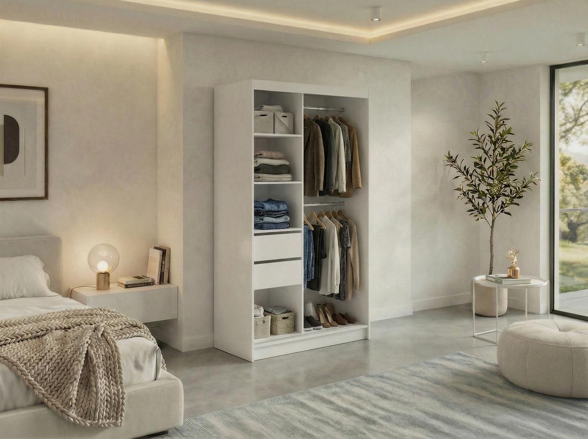 SCHWEBETÜRENSCHRANK mit Schubladen 120 - GRECJA - Weiß mit Spiegel - Alufarben/Weiß, Holzwerkstoff/Metall (120/216/61cm) - MKS