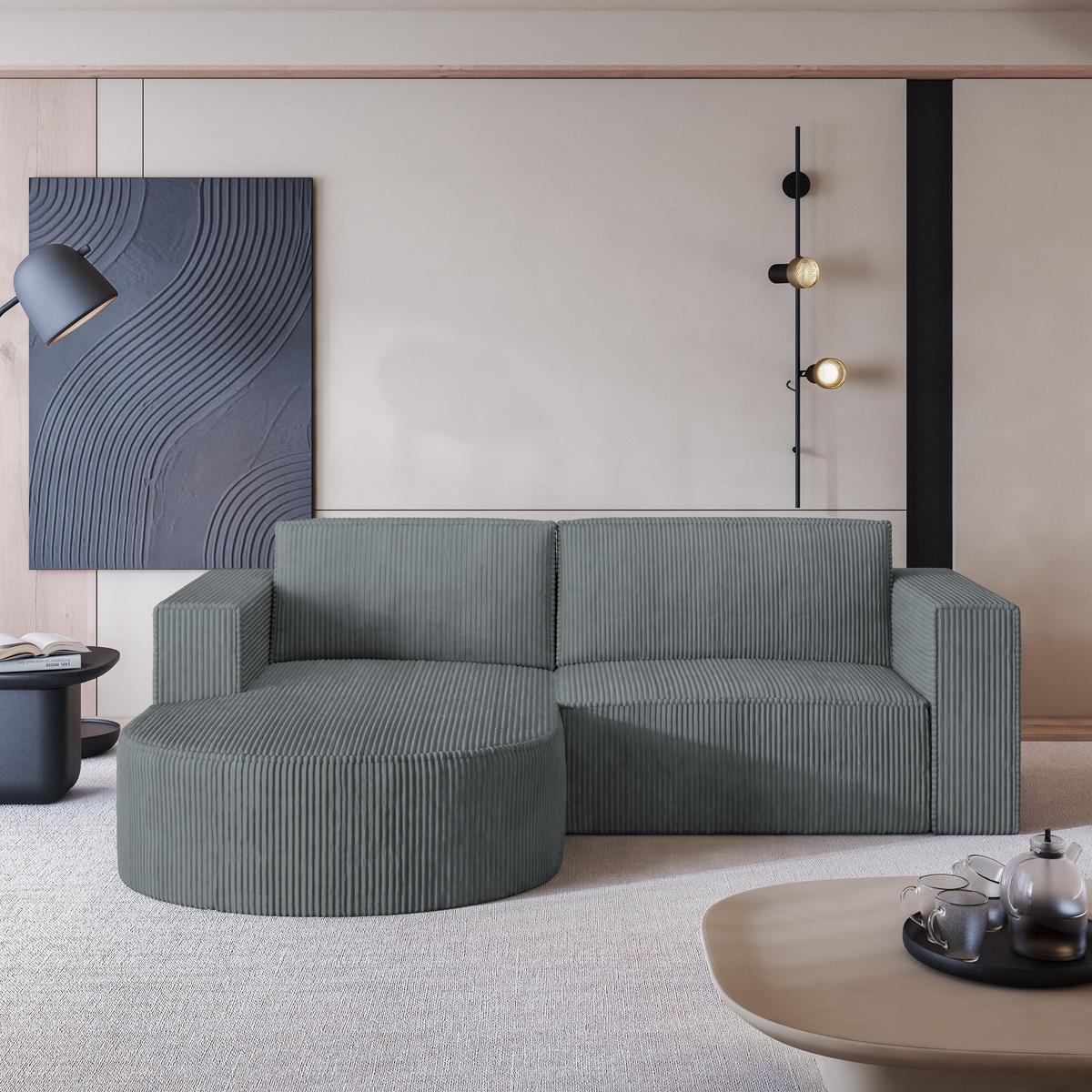 ECKSOFA SORELA P L-S Grau Kordstoff mit Schlaffunktion - Grau, Holz (263/174cm) - MASSENO