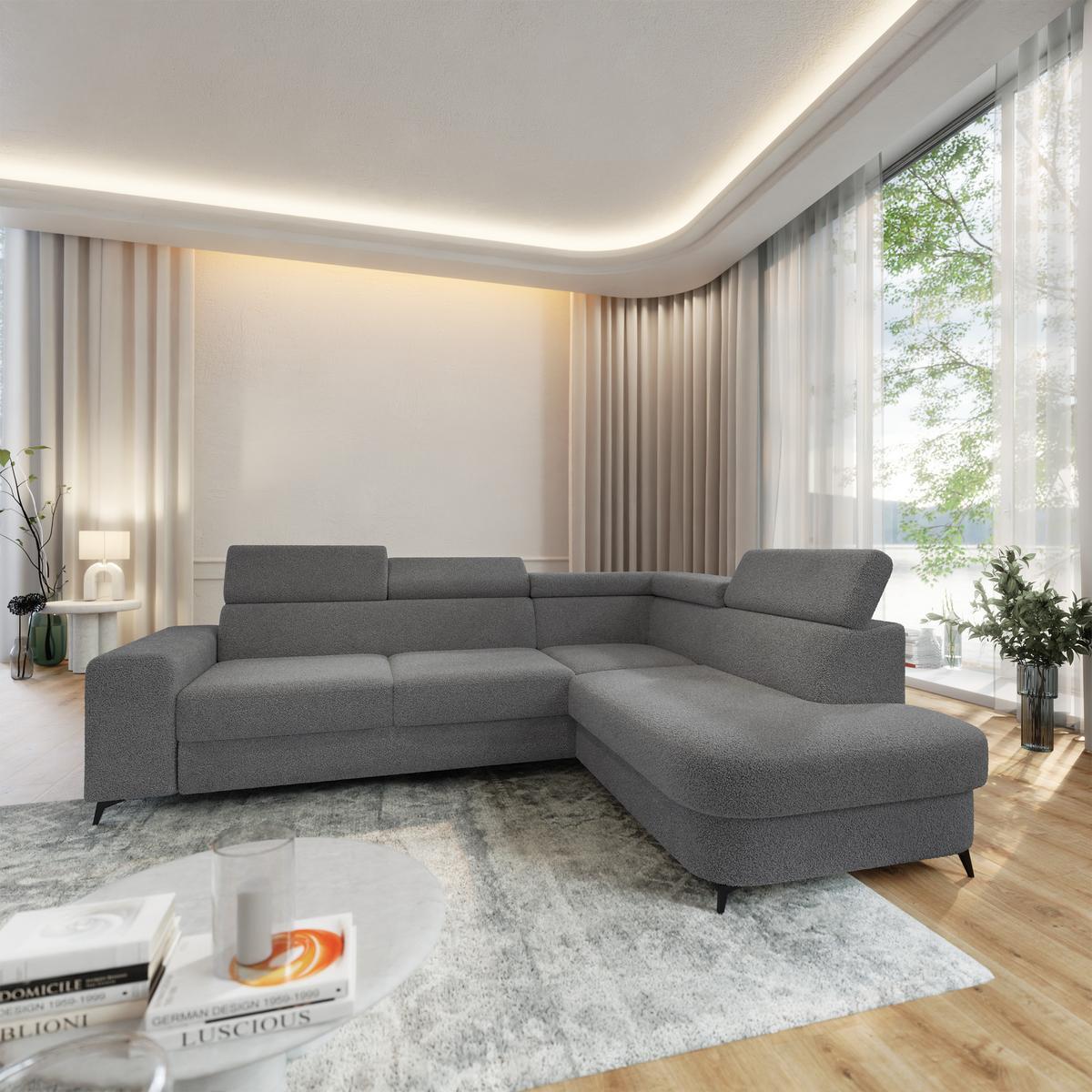 ECKSOFA ALVORO R-S Grau Boucle-Stoff mit Schlaffunktion - Grau, Holz (253/190cm) - MASSENO