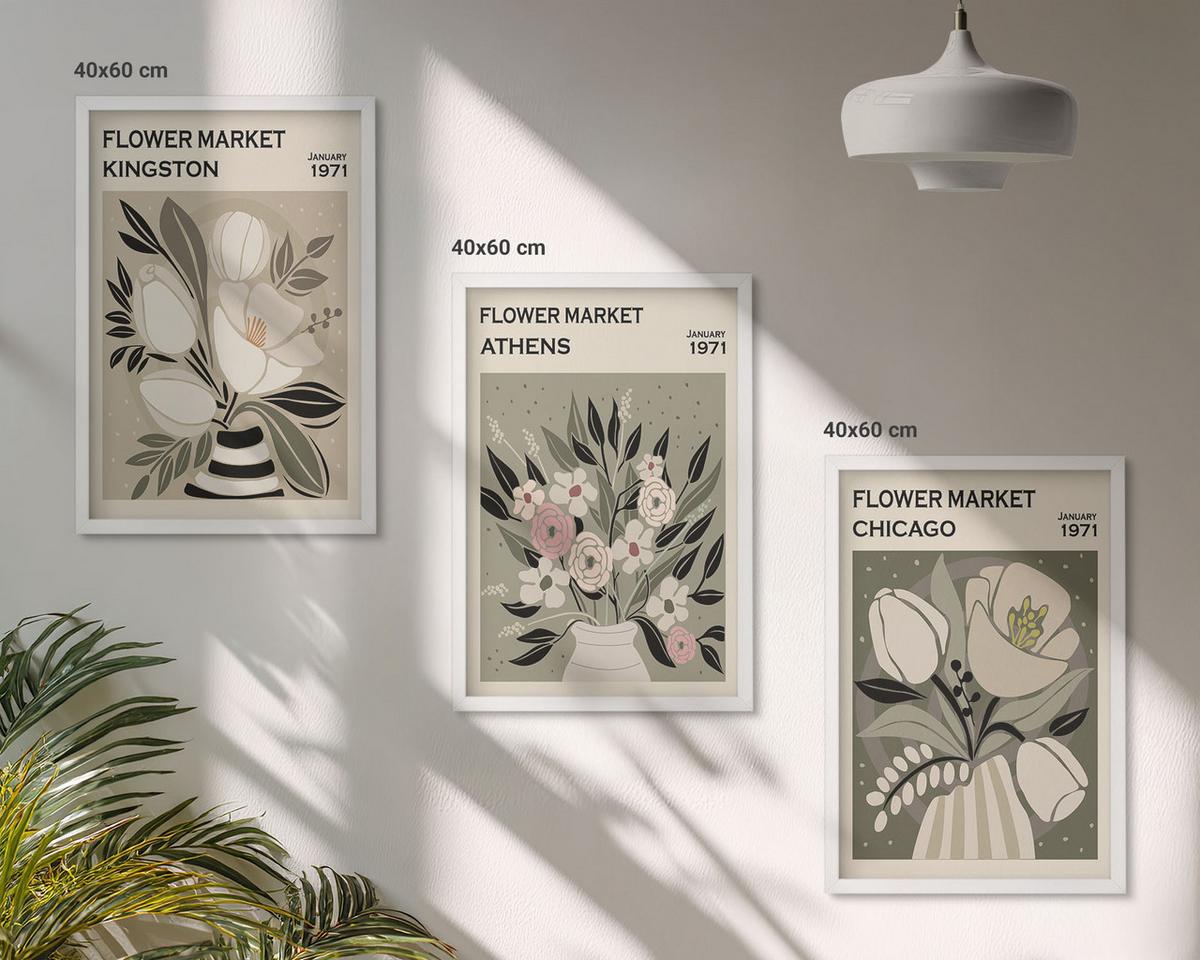 BILDER SET 3er Set - 40x60 cm Weißer Rahmen - Retro-Blumenarrangements - Weiß, Kunststoff (40/60cm) - TULUP