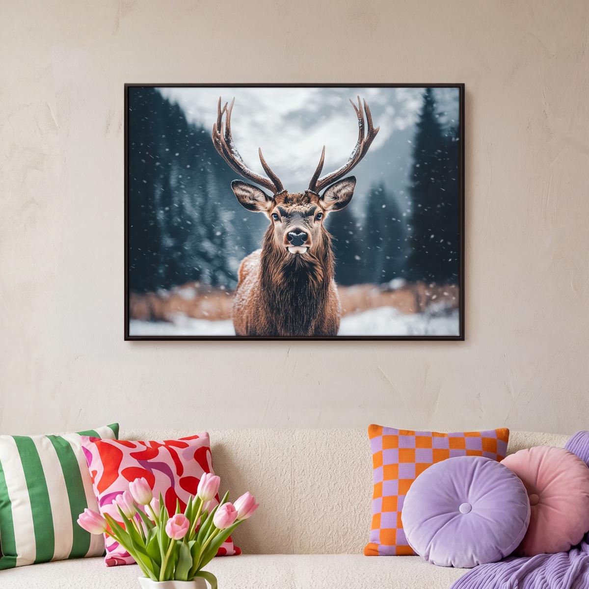 LEINWAND Bilder mit Rahmen - Hirsche - Tiere - Landschaft - Winter - Schnee - 70x50 - Kastanienfarben, Textil (70/50cm) - MuchoWow