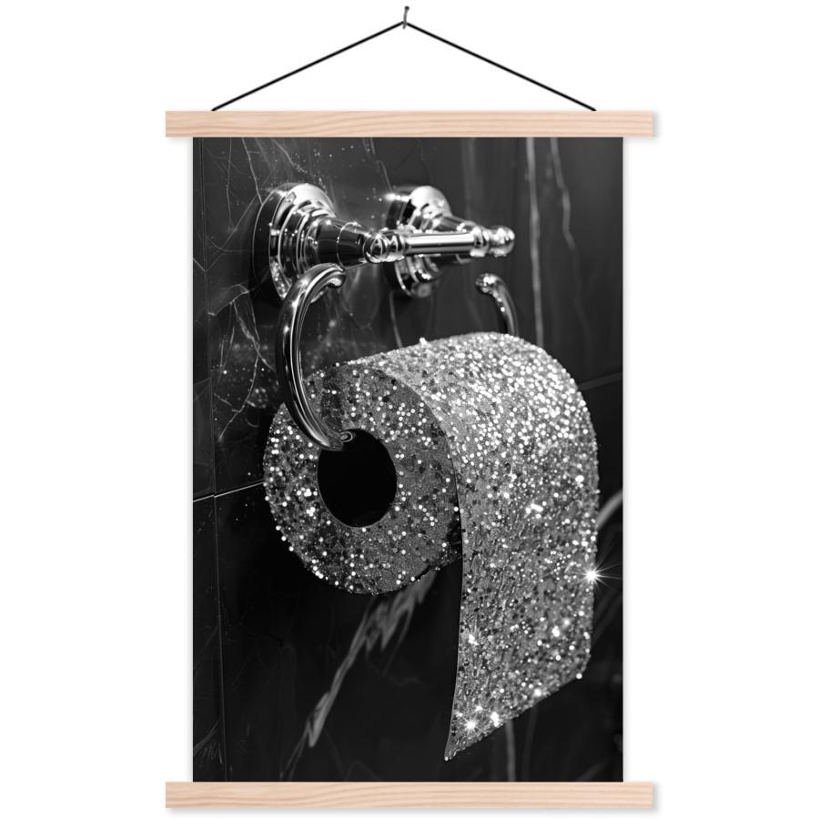 POSTER MIT MAGNETLEISTEN WC - Toilettenpapier - Schwarz und weiß - Glitter Wandbild Schlafzimmer 60x90 cm - Silberfarben, Textil (60/90/0.15cm) - MuchoWow