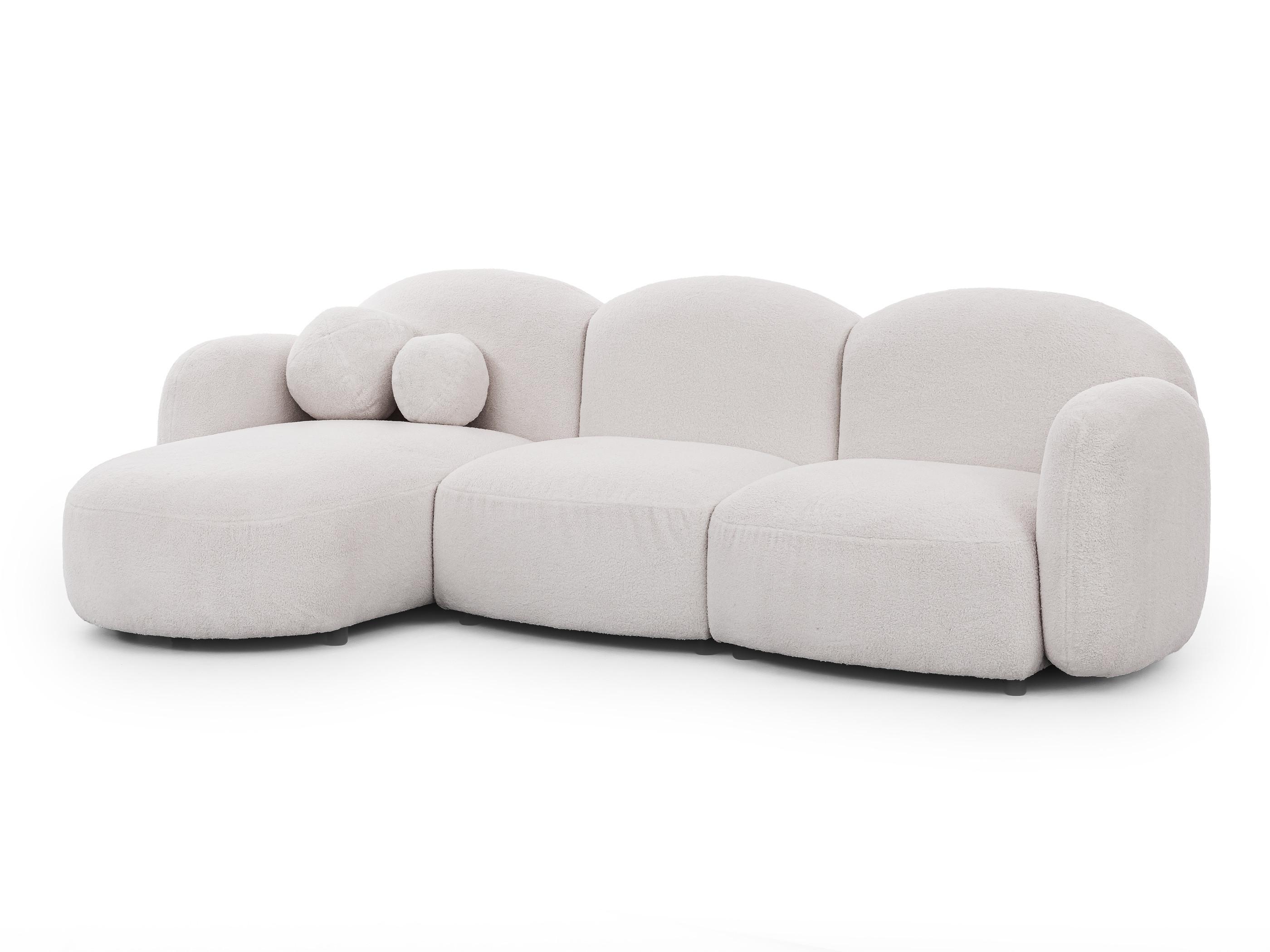ECKSOFA Nuvola mit abgerundetem Design Weiß Bouclé-Stoff - Ottomane Links - Schwarz/Weiß, Holz/Kunststoff (268/146cm) - S-Style