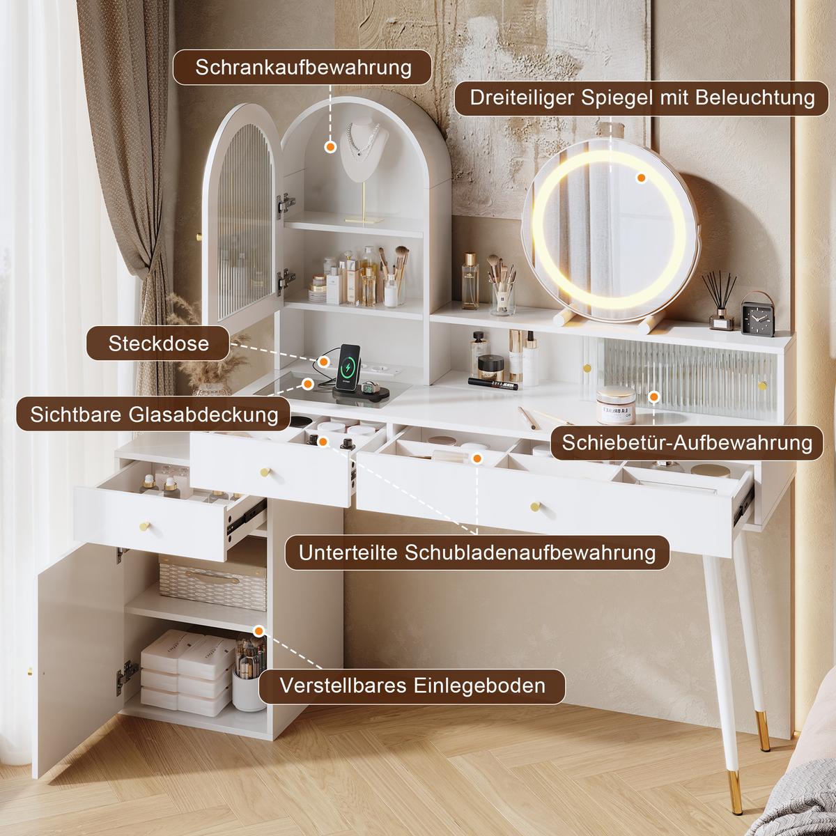 SCHMINKTISCH Weiß mit LED-Spiegel, Ladestation & Glasplatte - Weiß, Holzwerkstoff (140/140/40cm) - Urban Meuble