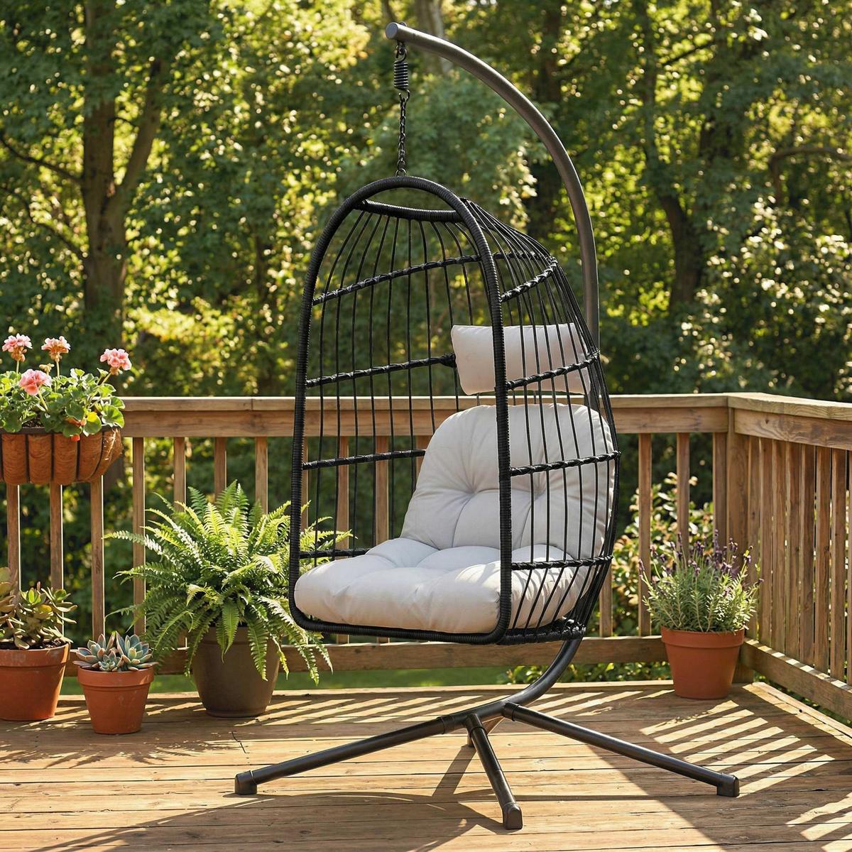 HÄNGESESSEL Metall PE-Rattan Hellgrau - Hellgrau/Schwarz, Textil/Metall (101/196/105cm) - Outsunny