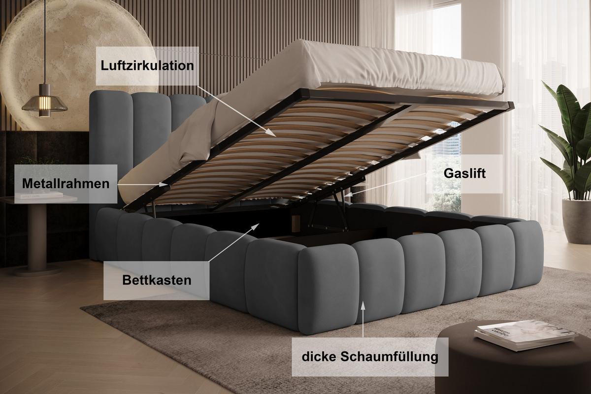 POLSTERBETT Vilo 180x200 mit Bettkasten und Stabilem Metallgestell - Grau, Textil (180/200cm) - Storez24