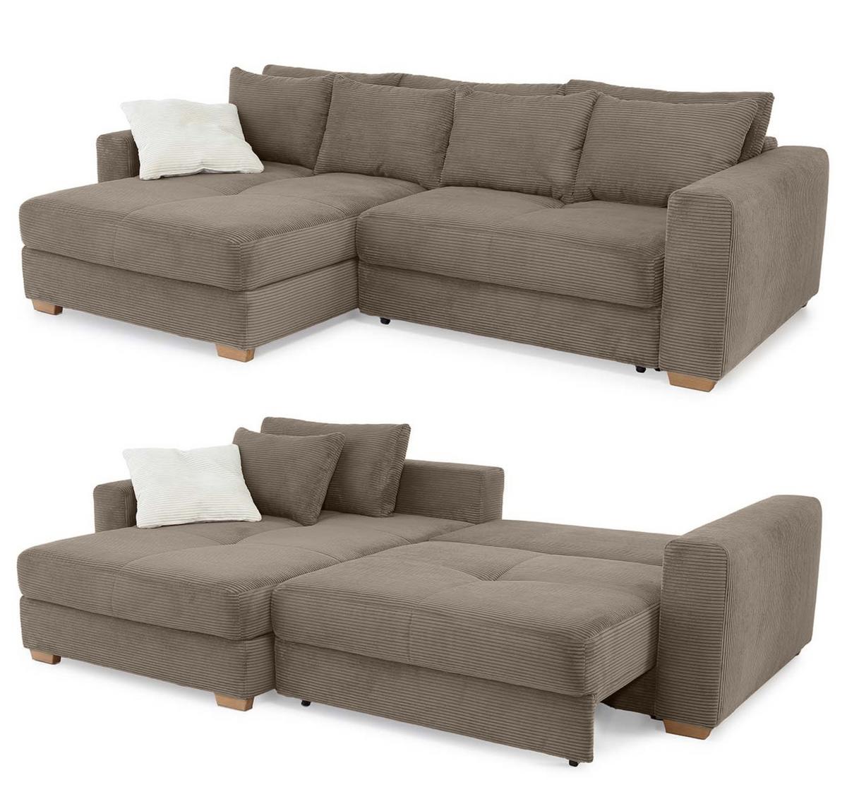 ECKSOFA-DAUERSCHLÄFER Federkern Bettkasten, seitenverkehrt montierbar B288/T186/H86 cm, Liegefl. 153x245 cm, Cord Braun Taupe / 15155 - Eichefarben/Braun, Holz/Textil (288/186cm) - luma-home