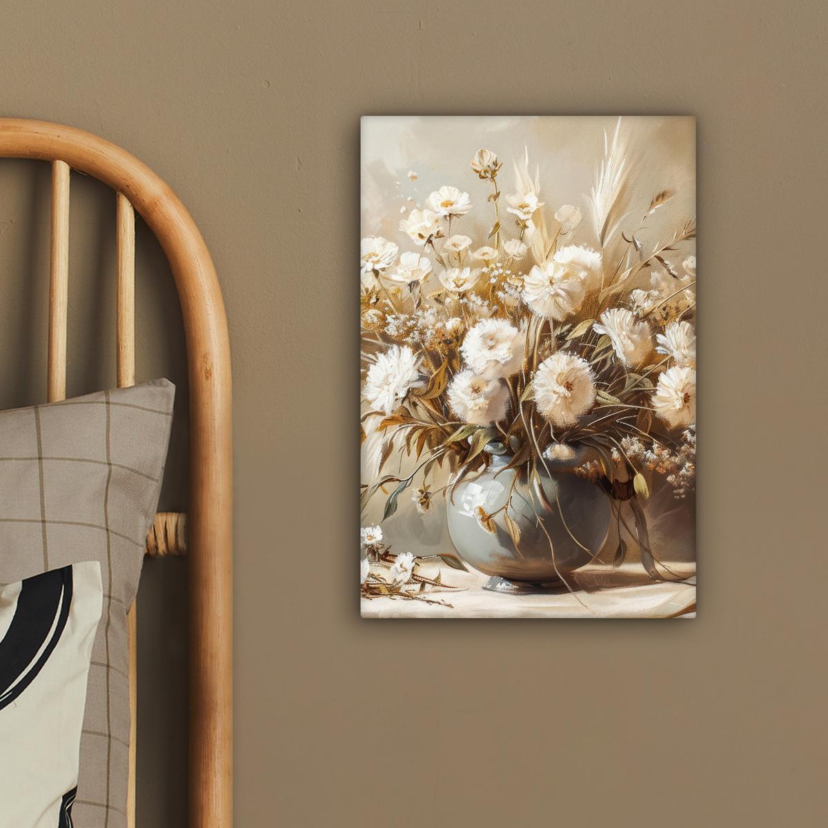 LEINWANDBILD Blumen - Vase - Stilleben - Beige Deko Wohnzimmer 20x30 cm - Creme, Textil (20/30cm) - MuchoWow