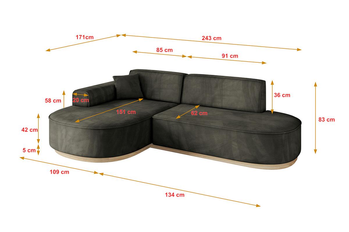 ECKSOFA Ottomane Links MARI-L1-v1 - 243x171x83 cm Schwarz Velours - Schwarz, Holzwerkstoff/Textil (243/171cm) - ALTDECOR