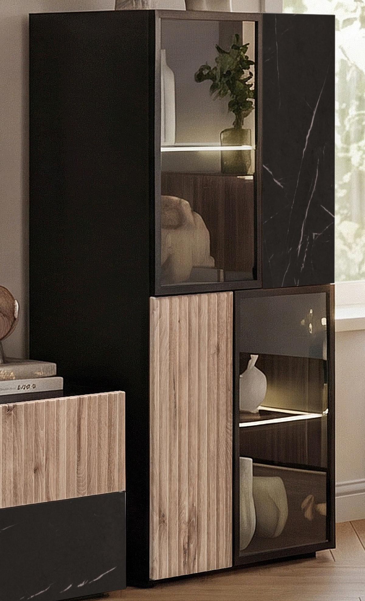 VITRINE schwarz, Vicking Eiche und Marmor schwarz 60 x 122 cm, Vitrinenschrank inklusive LED-Beleuchtung - Eichefarben/Schwarz, Glas/Holzwerkstoff (60/122/37cm) - Inn.Furn
