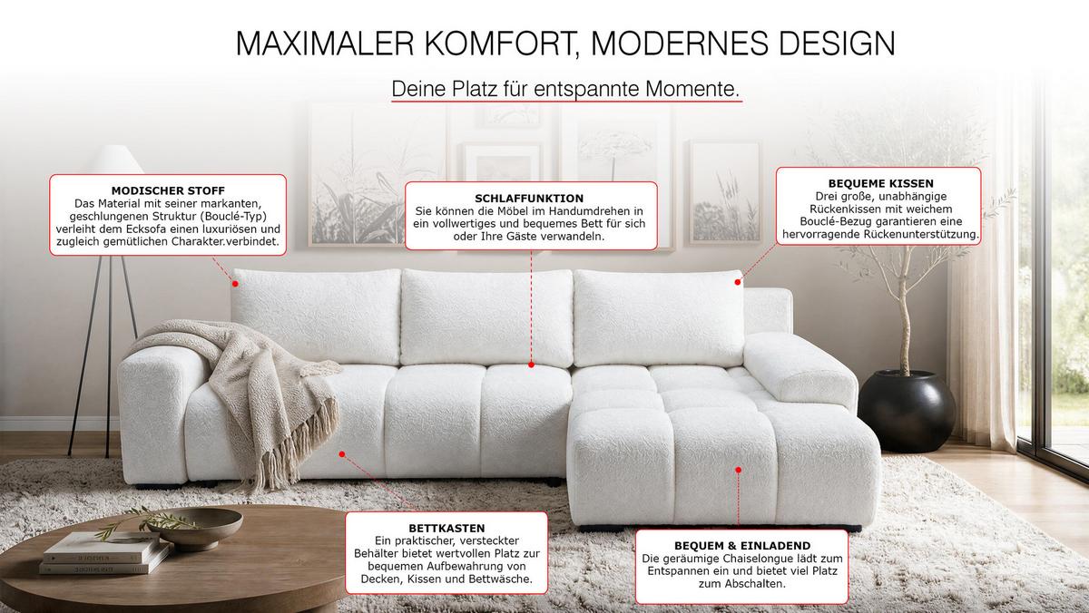 ECKSOFA Ovia mit Bettkasten und Schlaffunktion, Bouclé-Stoff in L-Form - Weiß, Textil (270/185cm)