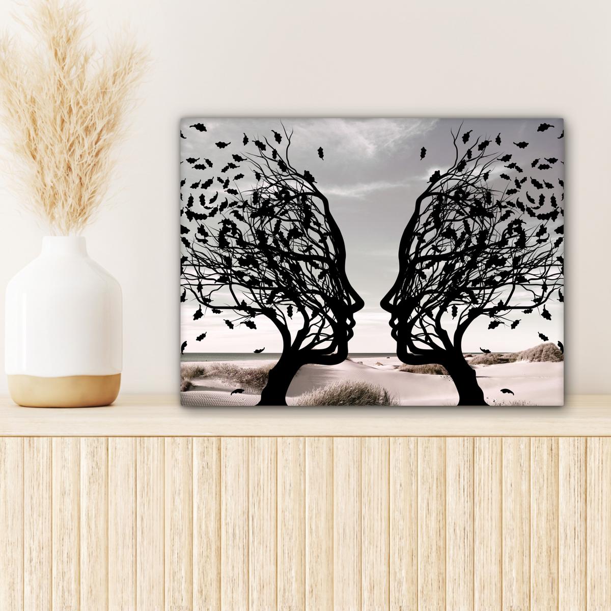 LEINWANDBILD Strand - Meer - Menschen - Baum - Moderne Kunst Wandbild 40x30 cm - Hellgrau, Textil (40/30cm) - MuchoWow