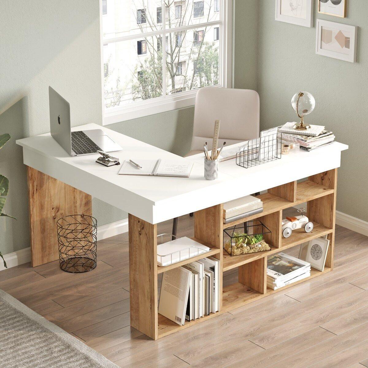 SCHREIBTISCH mit Aufbewahrungsregalen Holzdekor Kiefer 129/120/72 cm - Apfelbaumfarben, Holz/Holzwerkstoff (129/120/72cm) - Calicosy
