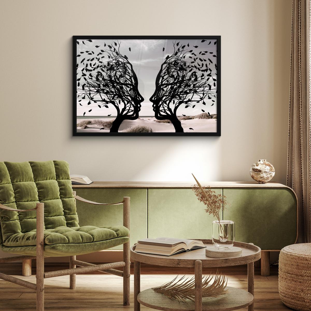 POSTER MIT RAHMENGERAHMTES BILD Strand - Meer - Menschen - Baum - Moderne Kunst 90x60 cm - Hellgrau, Papier (90/60cm) - MuchoWow