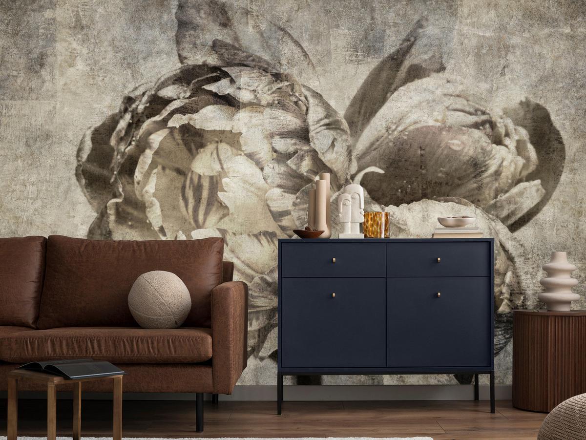 FOTOTAPETE Pfingstrosen Blumen Beton Vintage 350x256 - Beige/Braun, Papier (350/256cm) - Muralo