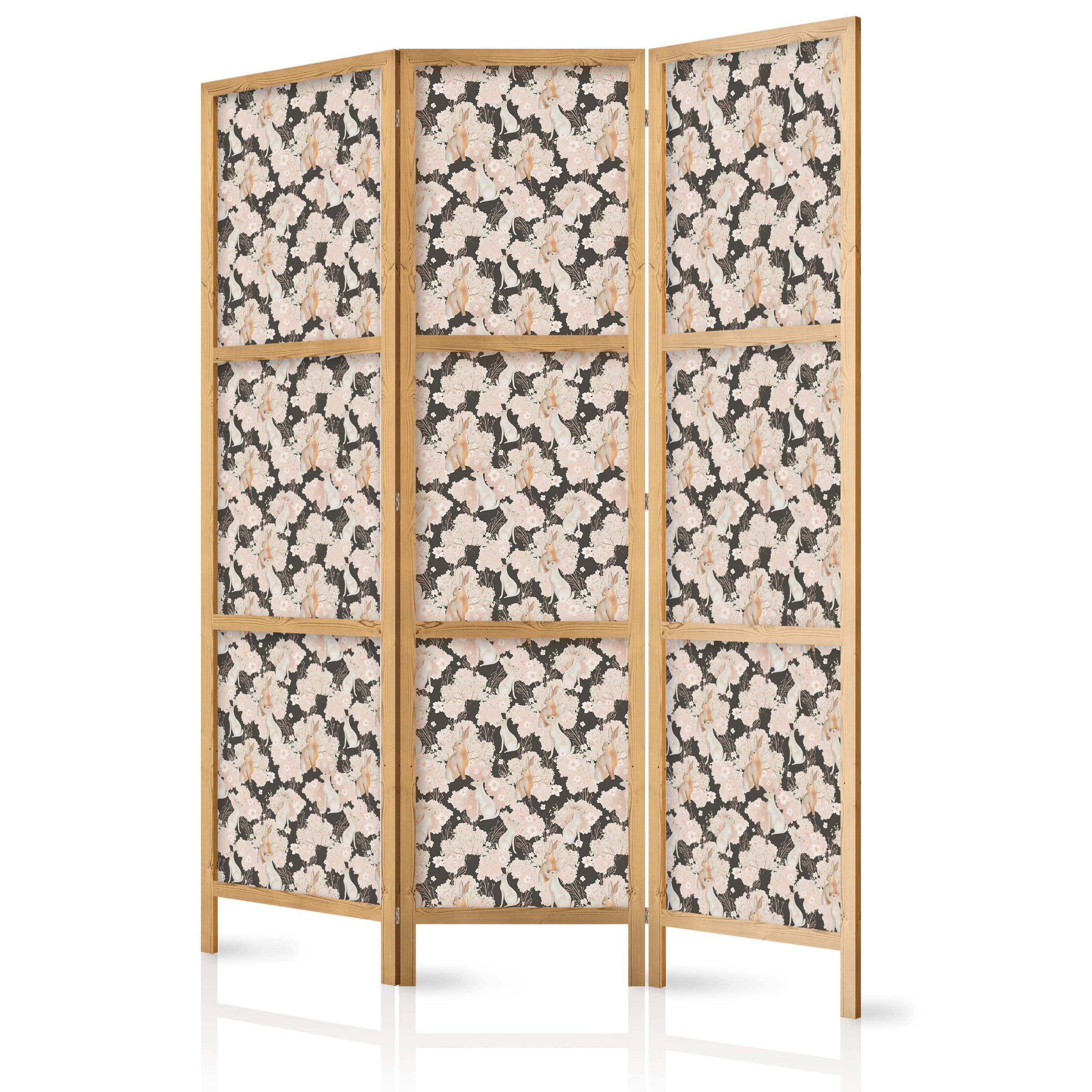 PARAVENT Japanischer 3-tlg 135x172 cm Hasen Und Blumen - Multicolor, Holz/Textil (135/172/3cm) - Muralo