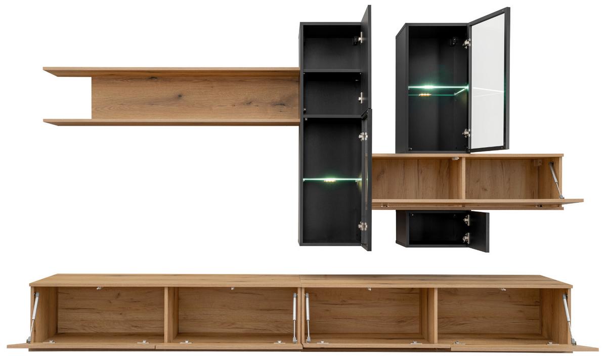 WOHNWAND Eiche, schwarz 280 cm, Schrankwand mit Push-to-Open inklusive Beleuchtung - Eichefarben/Schwarz, Glas/Holzwerkstoff (280/180/45cm) - Furn.Design